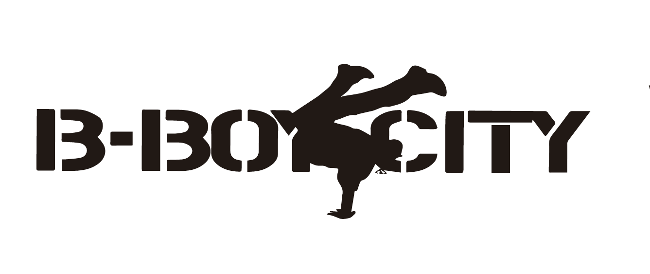 Logo Bboy City dalam huruf tebal hitam dengan bayang breakdance pada tangan dan kakinya di udara