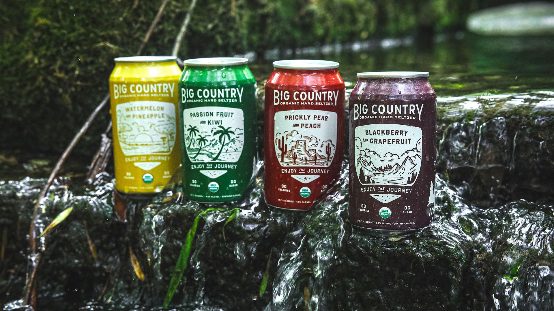 Cuatro latas multicolores en un arroyo en un bosque