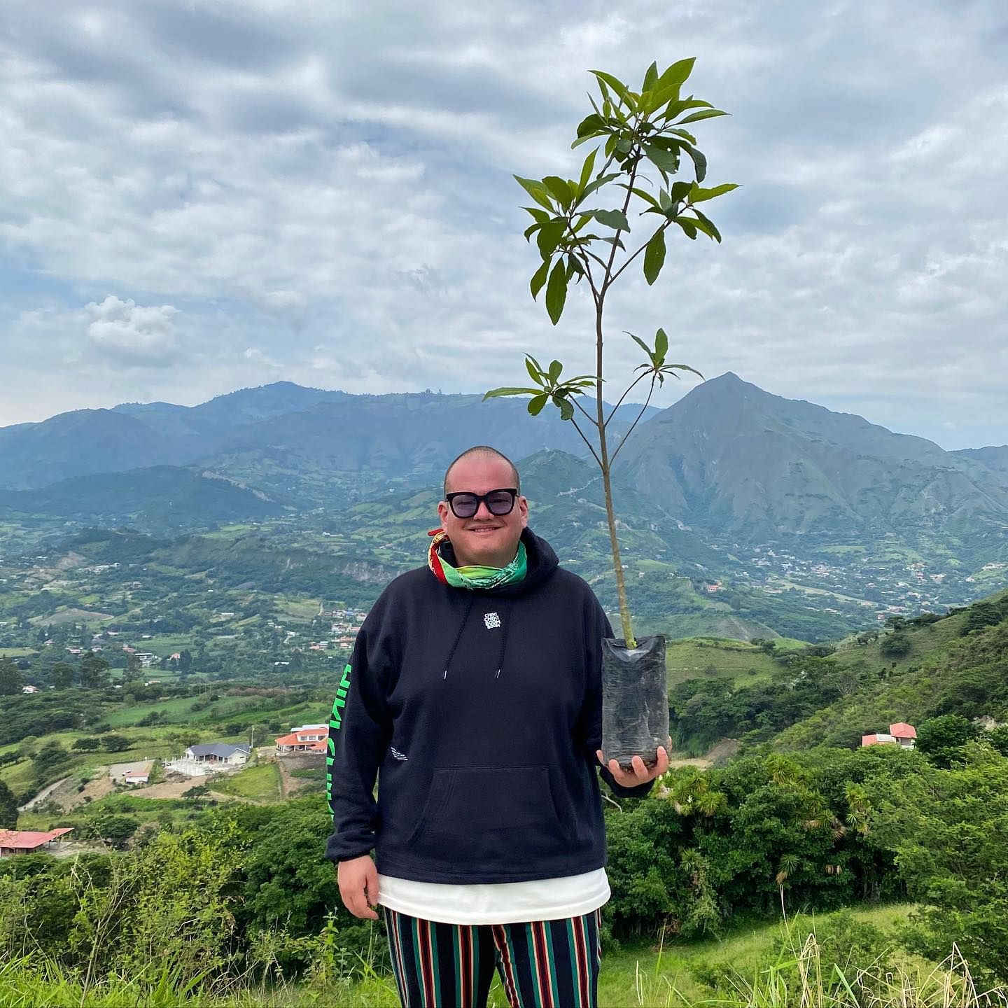 Man standing in front of the jungle holding a small tree
