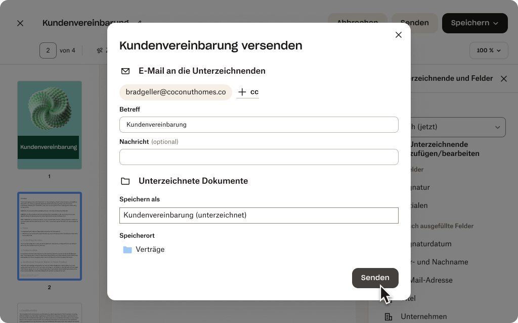 Benutzeroberfläche von Dropbox Sign zum Senden eines Dokuments zum Signieren