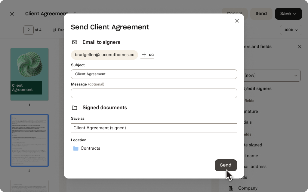 Dropbox Sign UI of sending a document for signature
