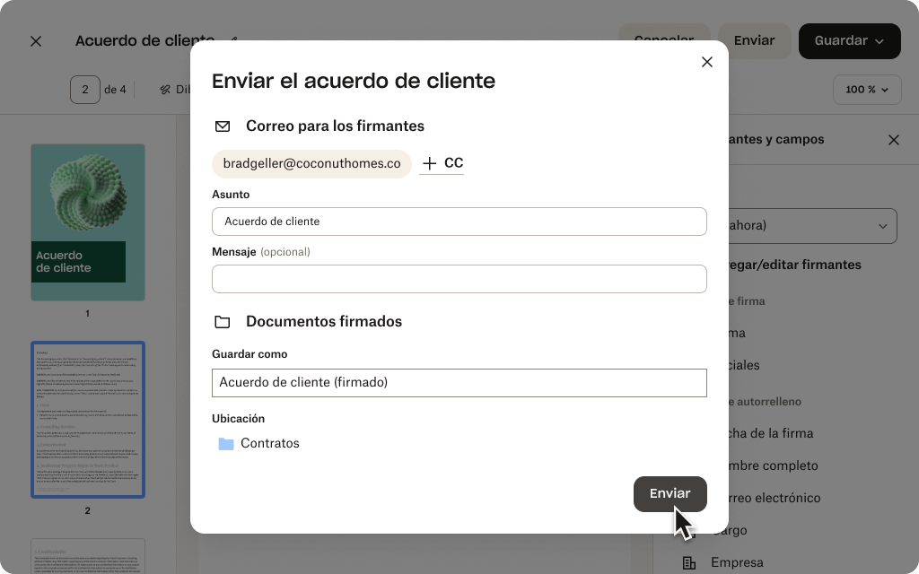 Interfaz de usuario de Dropbox Sign para el envío de acuerdos