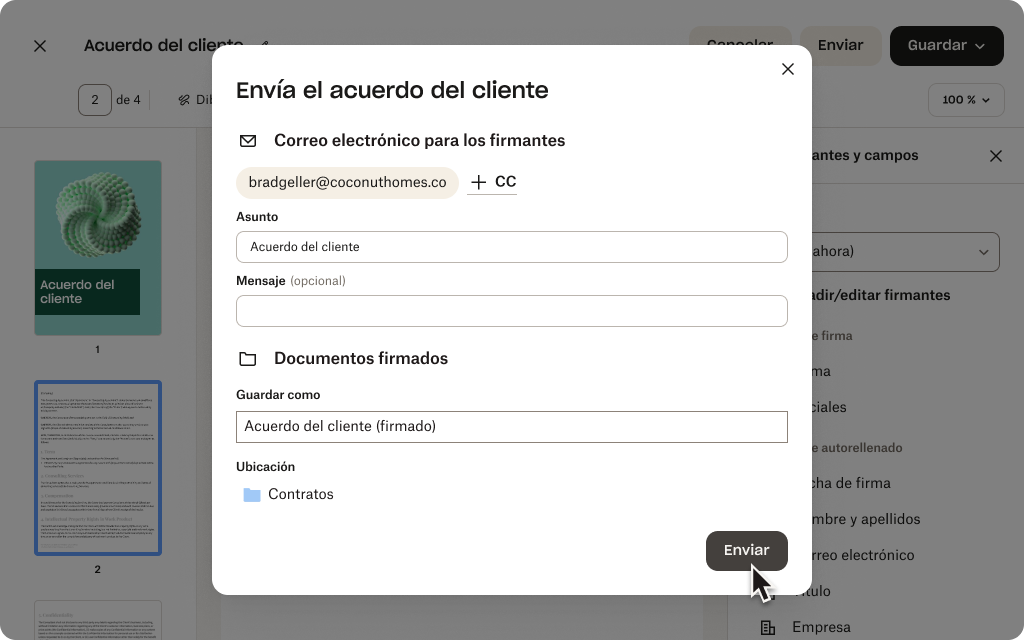 Interfaz de usuario de Dropbox Sign relacionada con el envío de un documento para que se firme