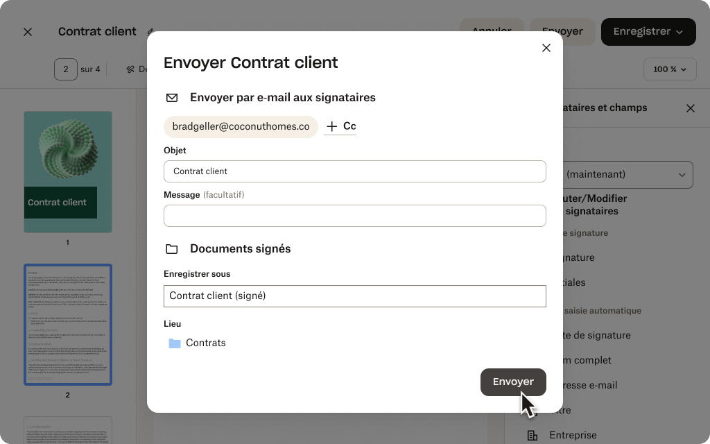 Interface utilisateur de Dropbox Sign pour l’envoi d’un accord