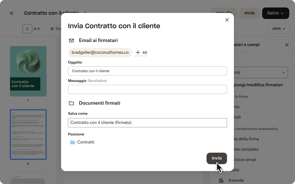 Interfaccia utente di Dropbox Sign per mandare un accordo