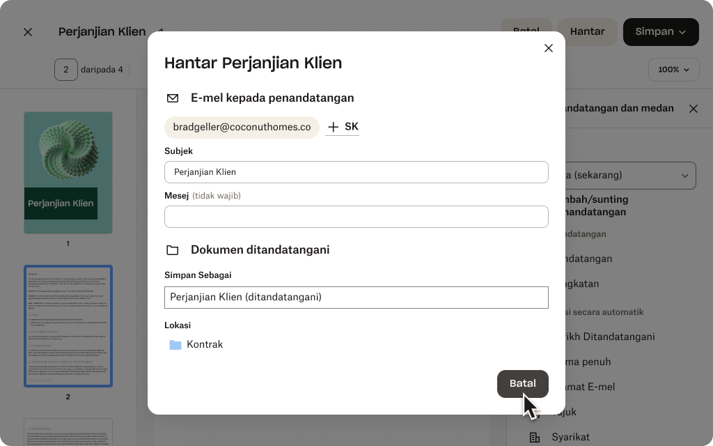 UI Dropbox Sign untuk menghantar perjanjian