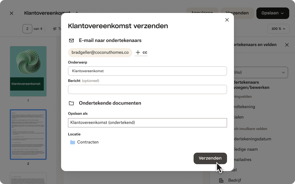 Gebruikersinterface van Dropbox Sign voor het verzenden van een overeenkomst