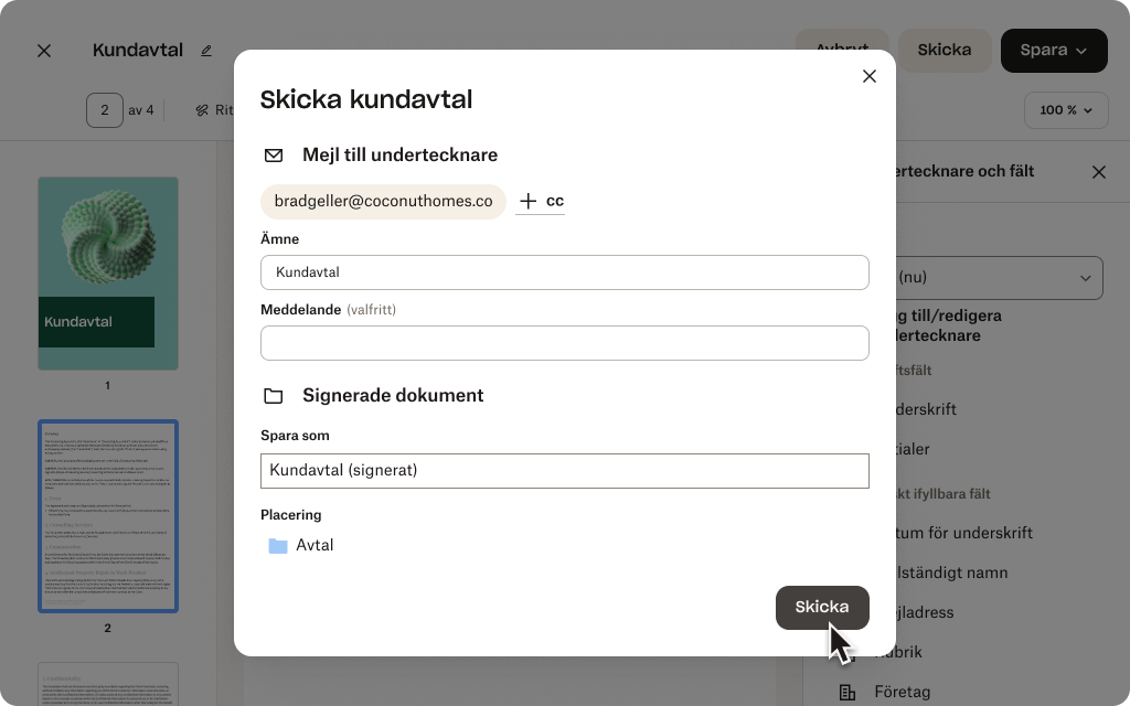 Användargränssnitt för Dropbox Sign för att skicka ett avtal