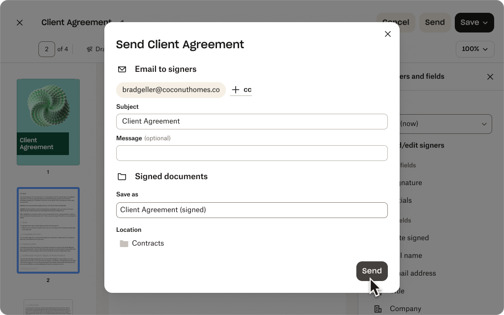 Interface utilisateur Dropbox Sign d’envoi d’un document pour signature