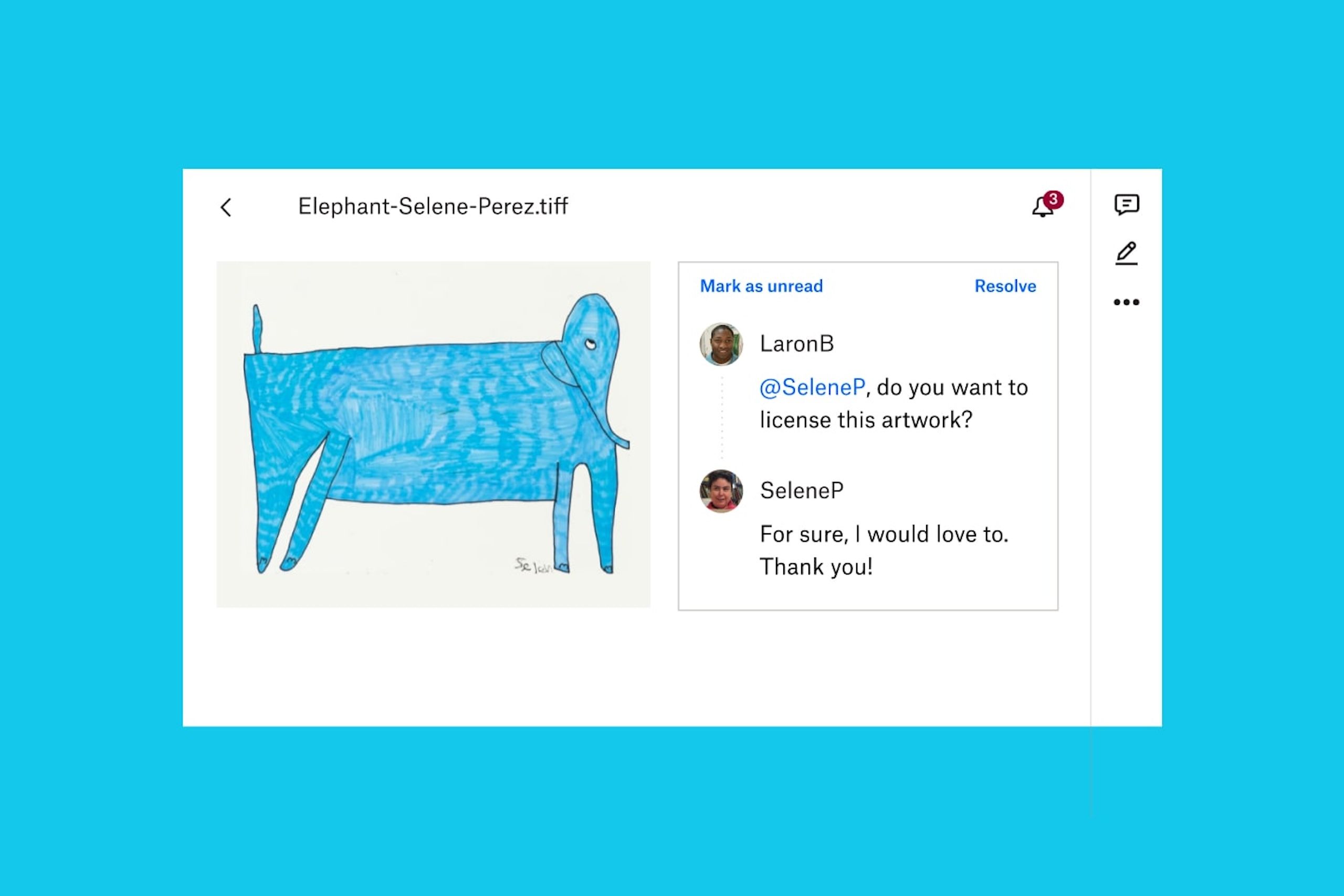 Dessin d’artiste représentant un éléphant dans Dropbox avec les notes de l’artiste et de son collègue 