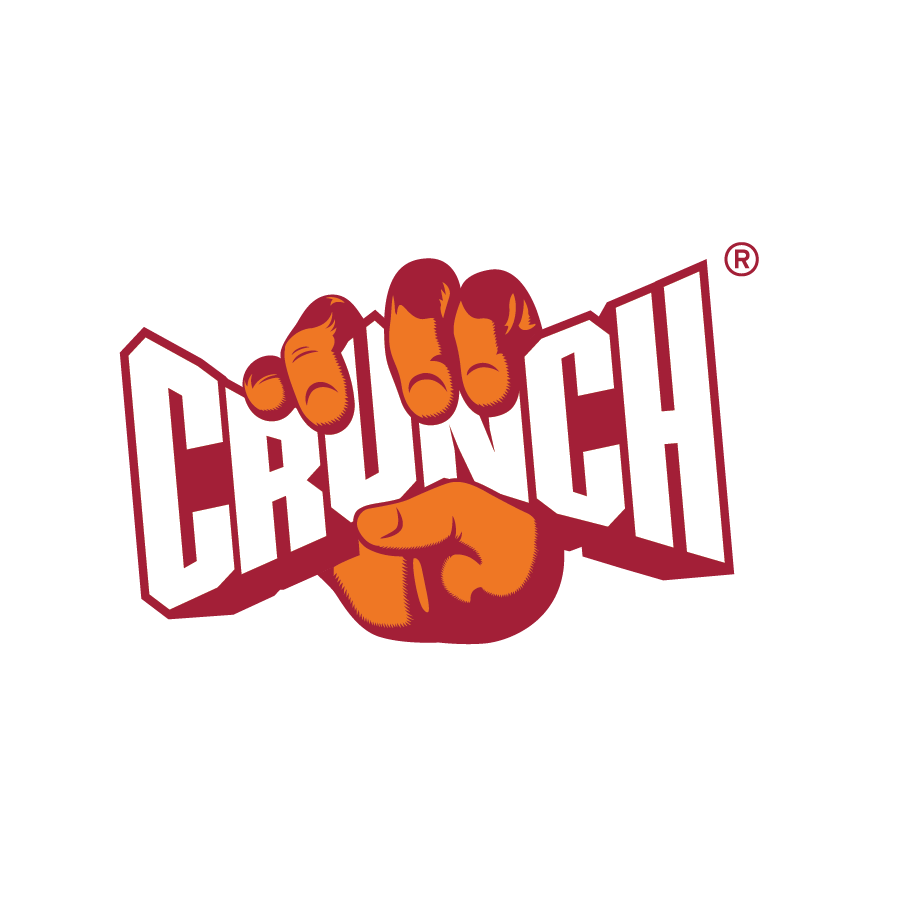 Crunch fitness logo, orange and red hand gripping the word crunch written in white lettering in it’s fist.