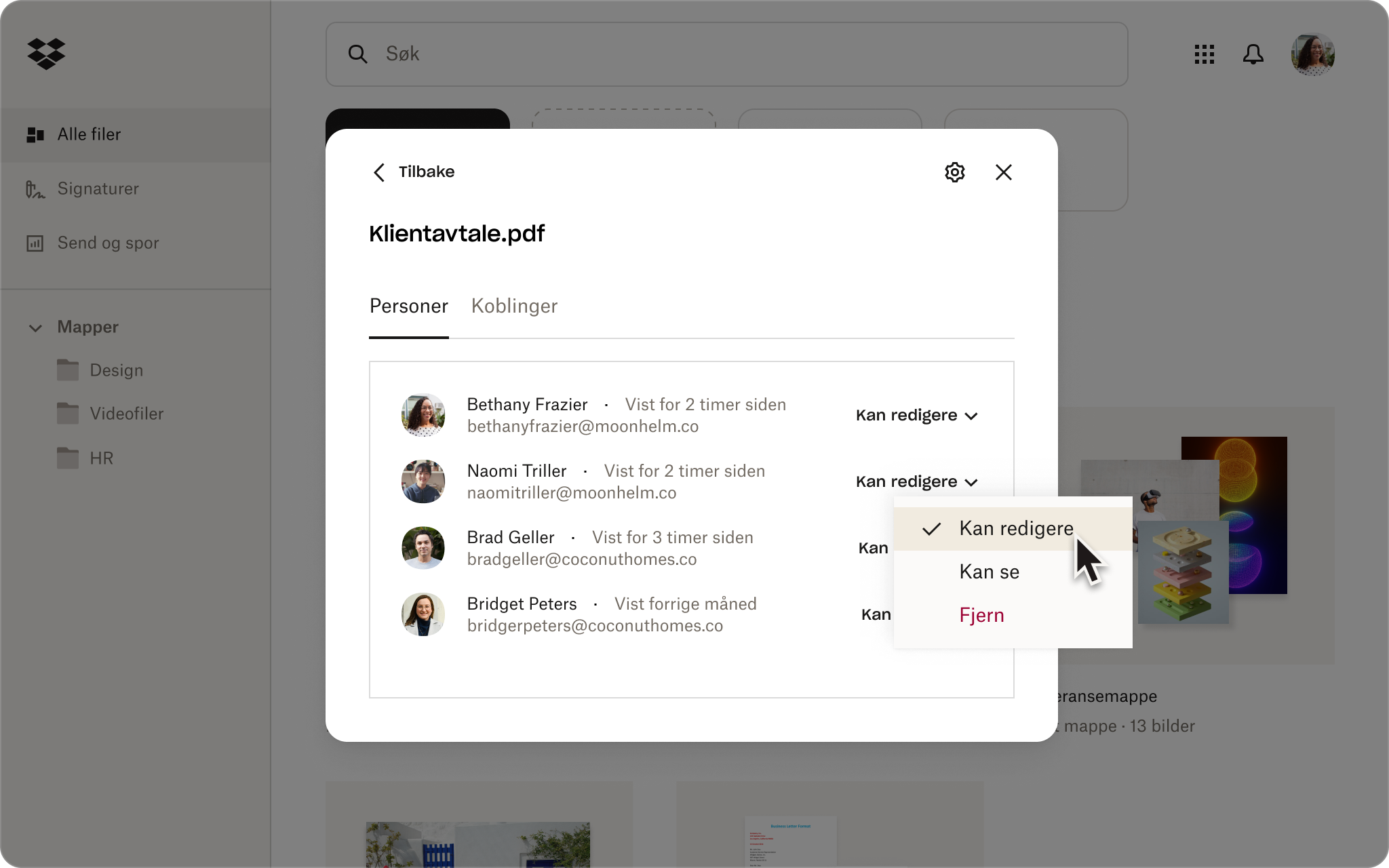 Dropbox-grensesnitt som viser et dokument som deles og hvordan du velger tillatelsesnivåer