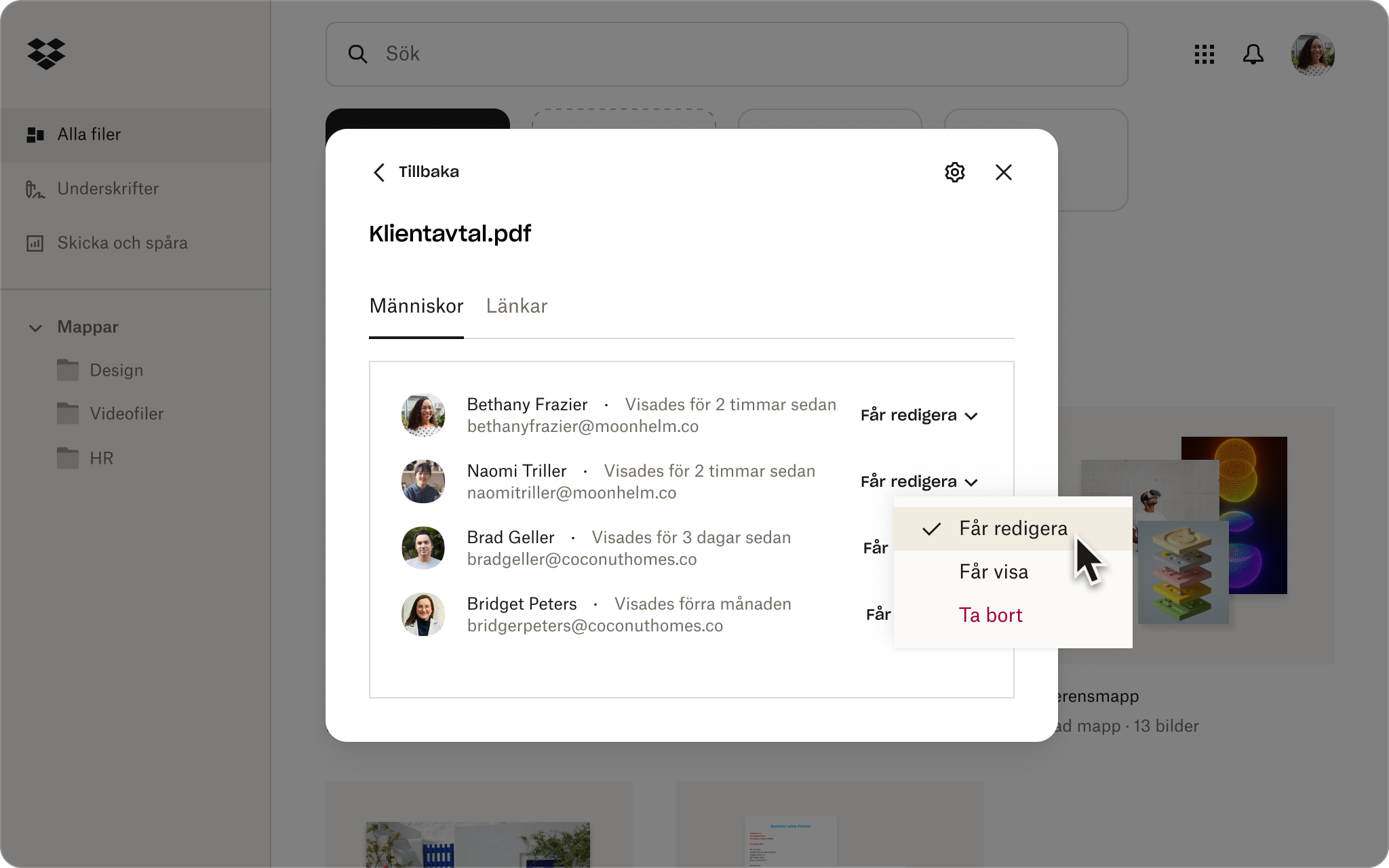 Dropbox-gränssnittet som visar ett dokument som delas och hur man väljer behörighetsnivåer