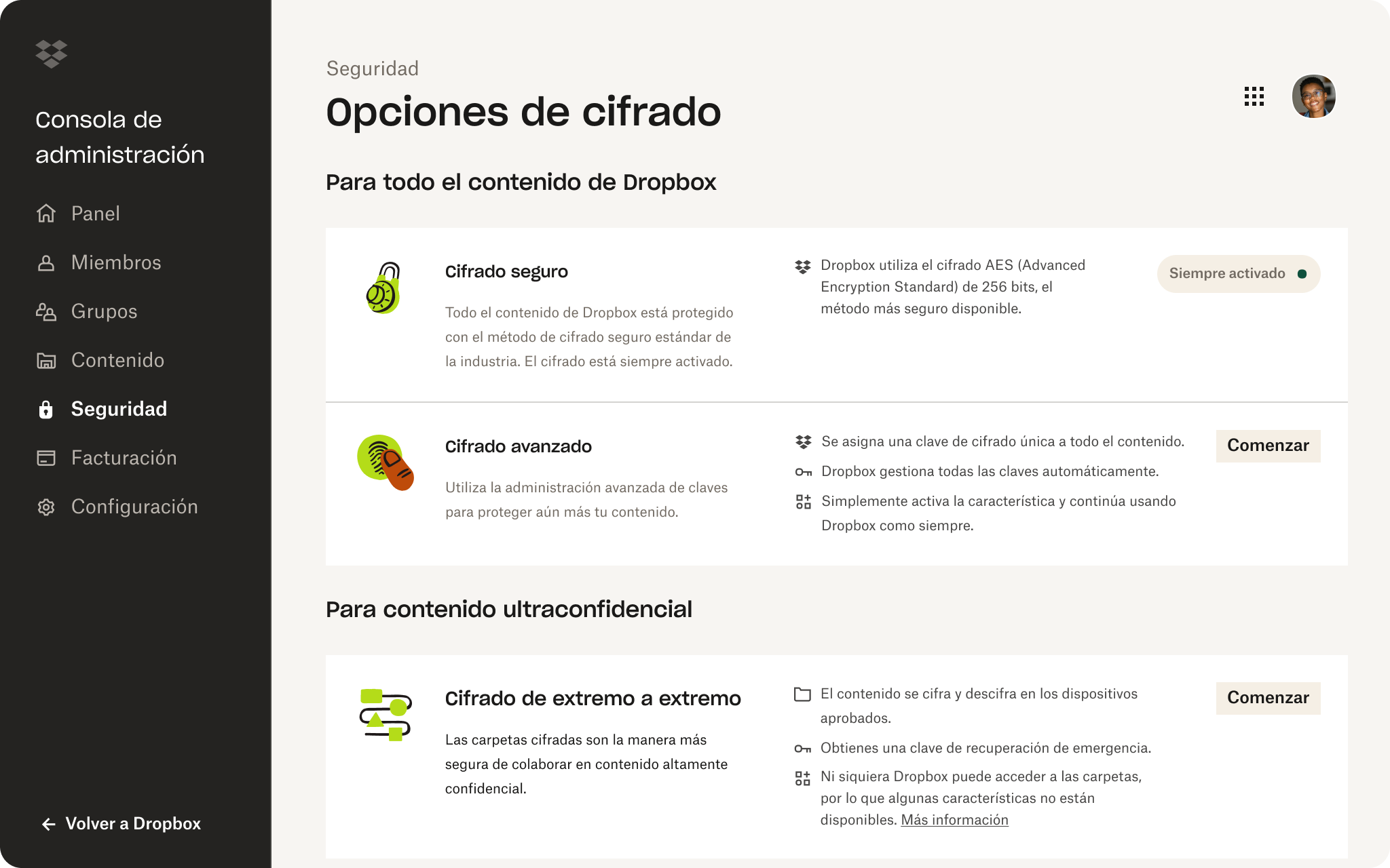 Interfaz de usuario de la consola de administración de Dropbox con las opciones de seguridad
