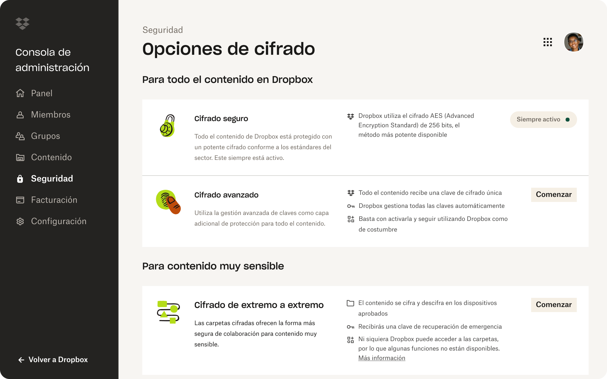 IU de la consola de administración de Dropbox con las opciones de seguridad