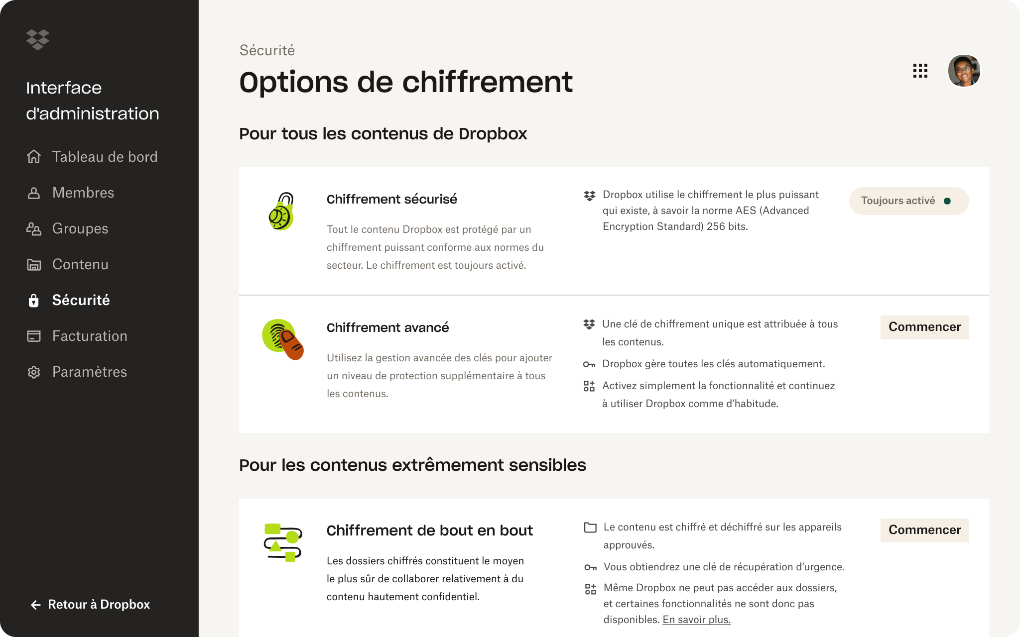 Interface d’administration Dropbox avec des options de sécurité