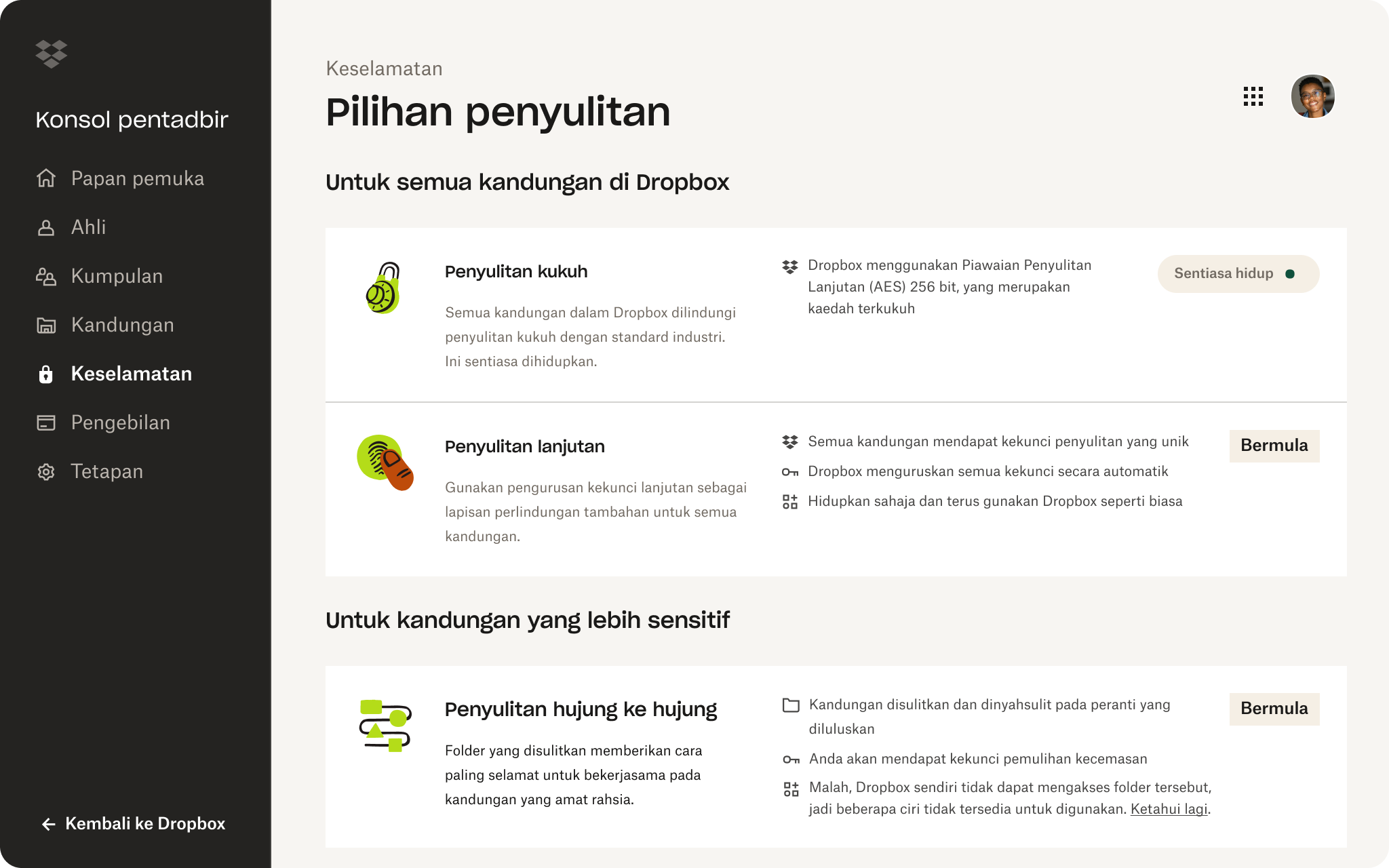 UI konsol Pentadbir Dropbox menunjukkan pilihan keselamatan