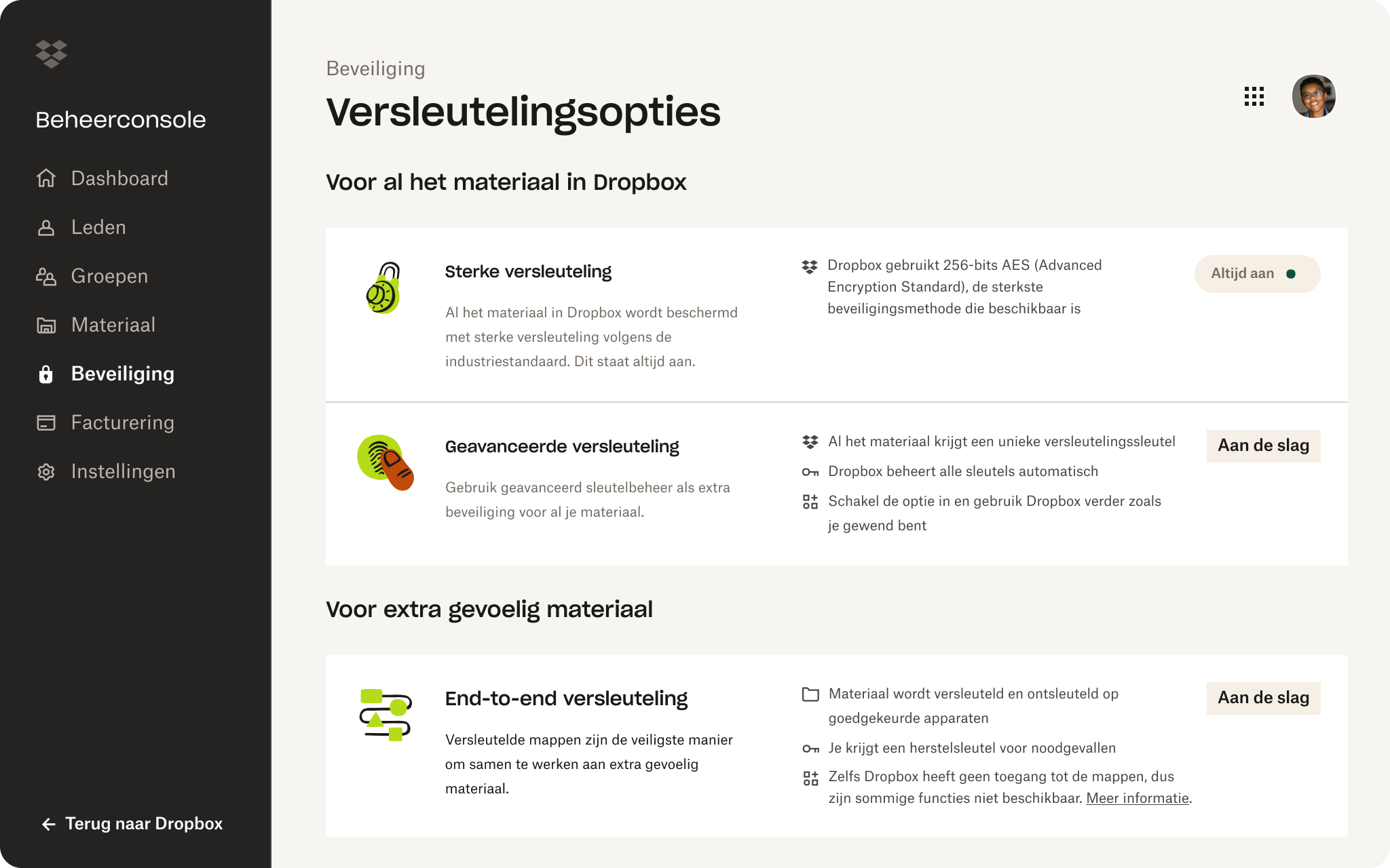 De gebruikersinterface van Dropbox Beheerconsole met de beveiligingsopties weergegeven