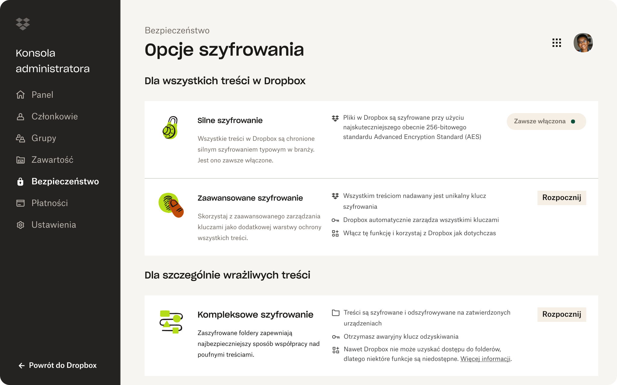 Interfejs użytkownika konsoli administratora Dropbox z opcjami zabezpieczeń
