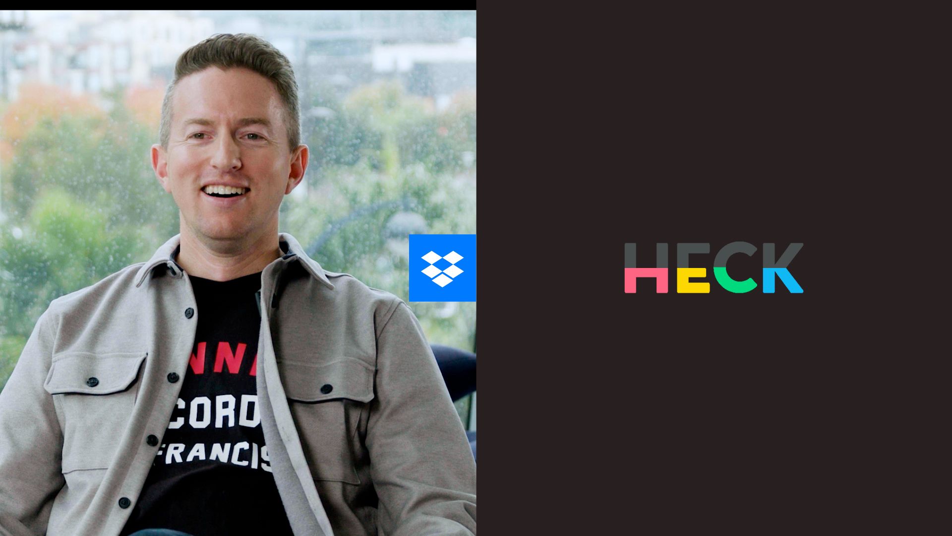 Phillip Goodwin sitting and the Heck logo