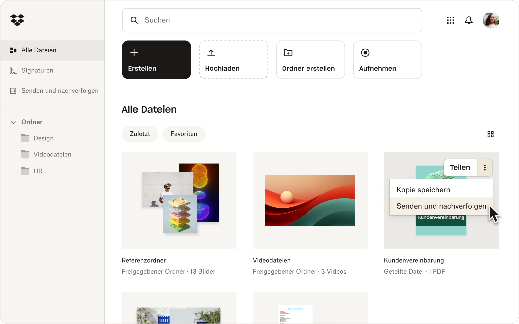 Aktionsmenü in der Dropbox-Benutzeroberfläche 