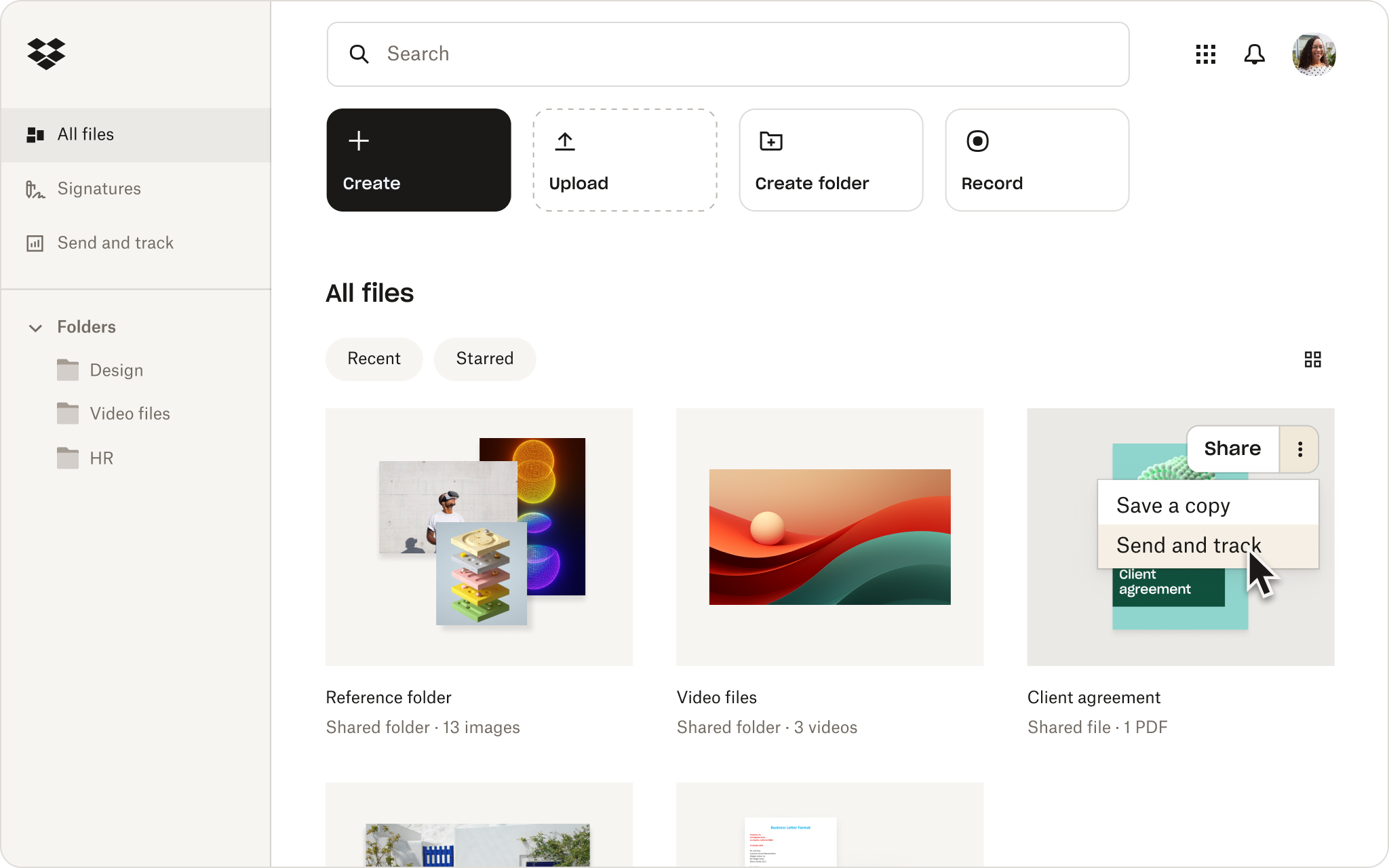 Action menu in the Dropbox UI