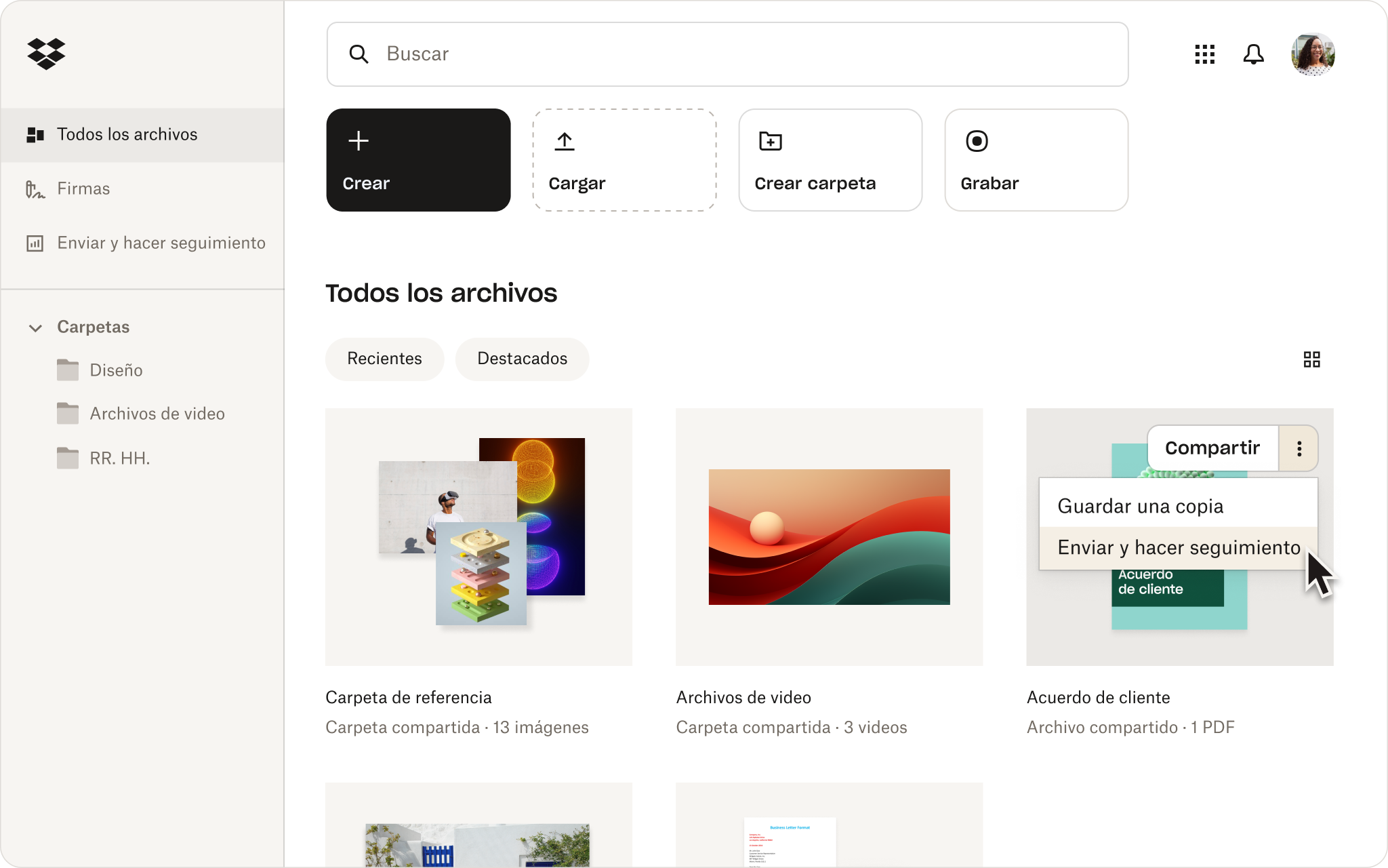 Menú de acciones en la interfaz de usuario de Dropbox