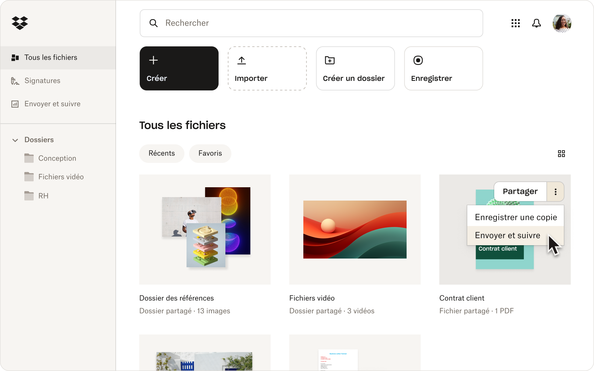 Menu d’actions dans l’interface utilisateur de Dropbox 
