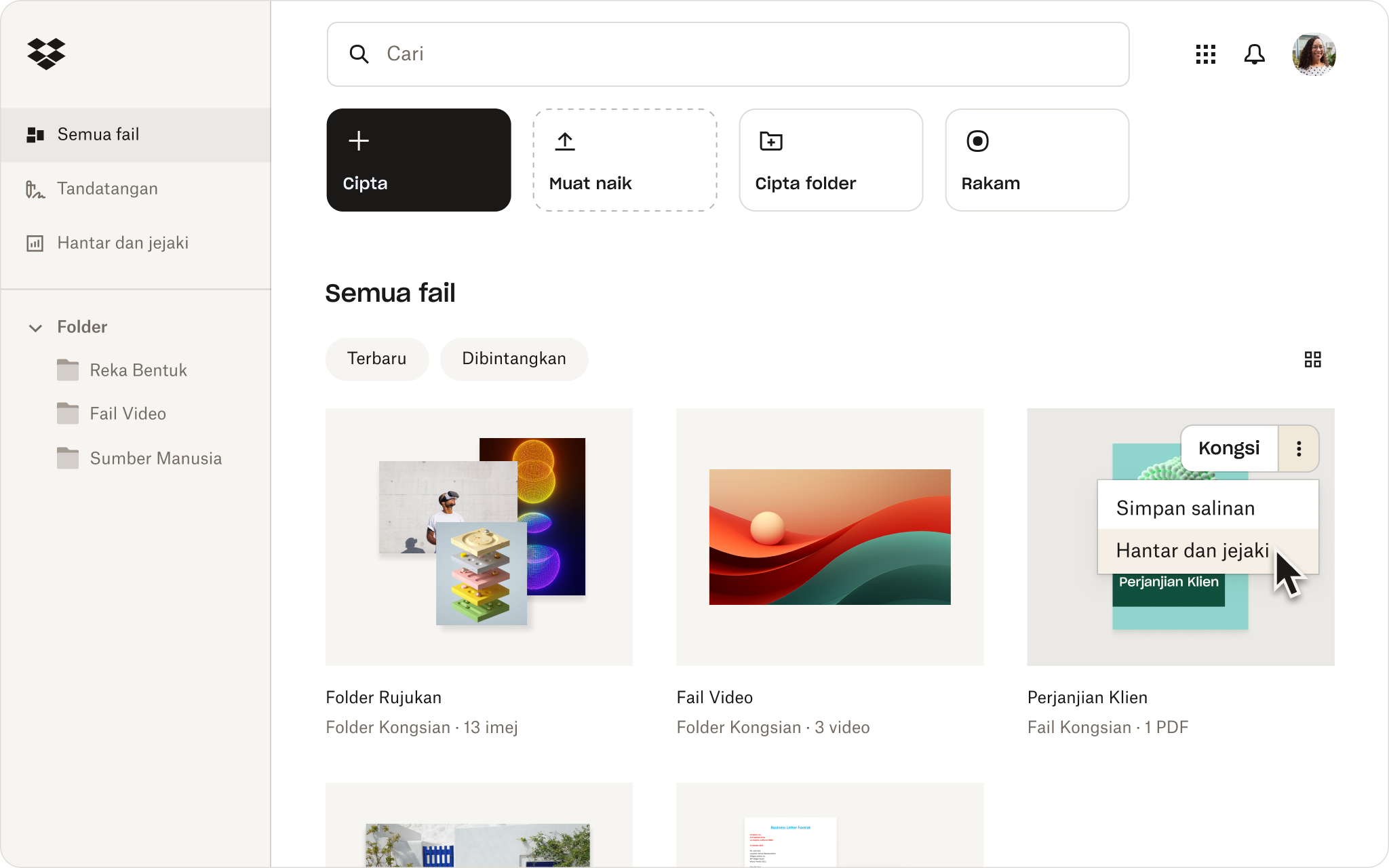 Menu tindakan dalam UI Dropbox
