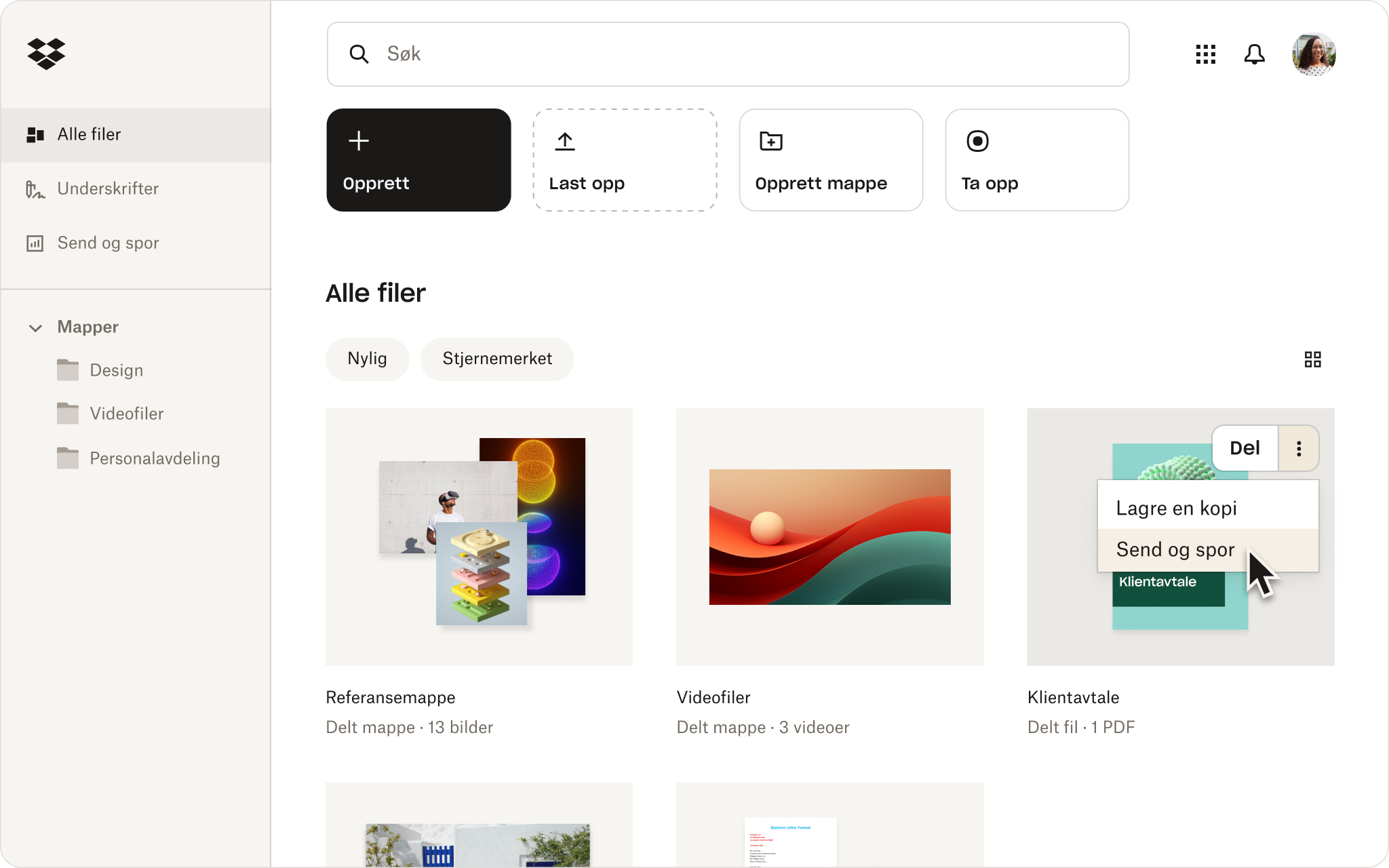 Handlingsmeny i Dropbox-grensesnittet