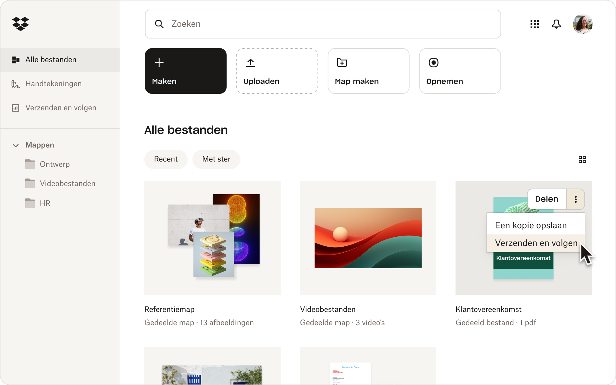 Actiemenu in de Dropbox-gebruikersinterface