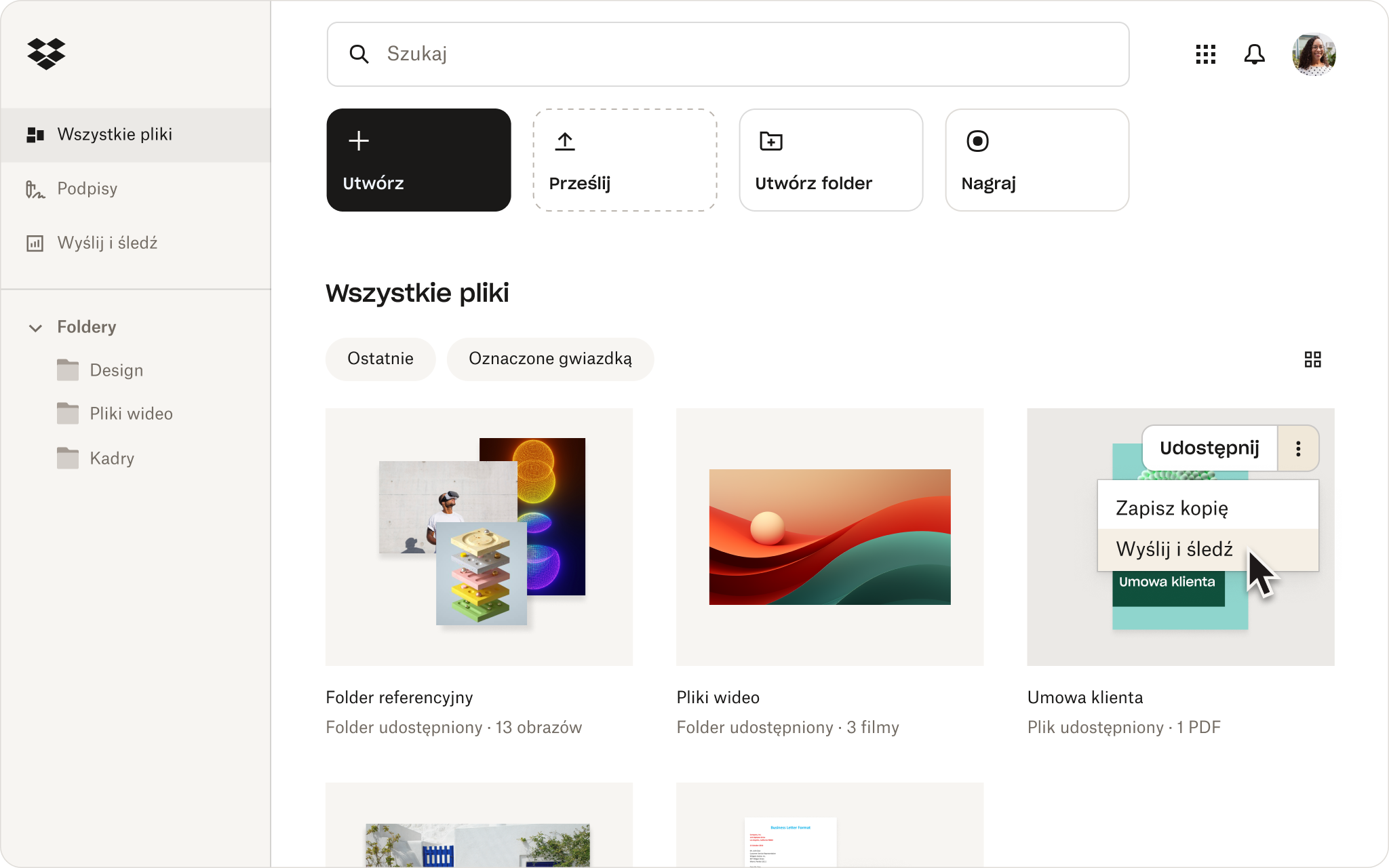Menu akcji w interfejsie użytkownika Dropbox