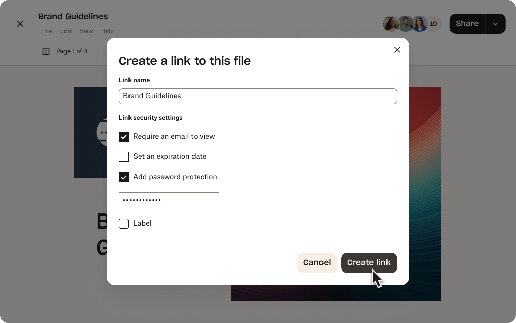 DocSend creating a link to send UI