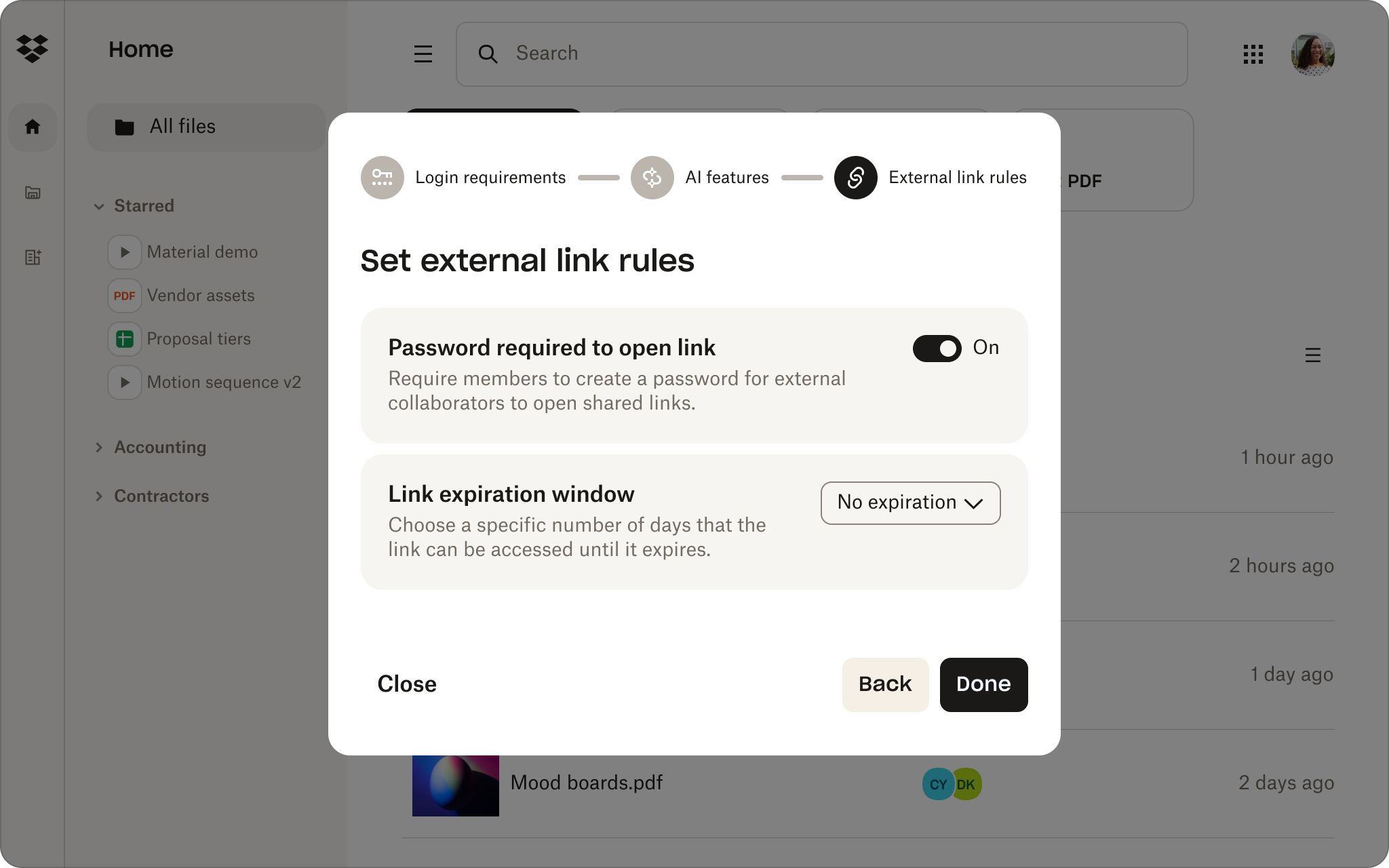 Dropbox UI of admin console showing setting up external link rules.