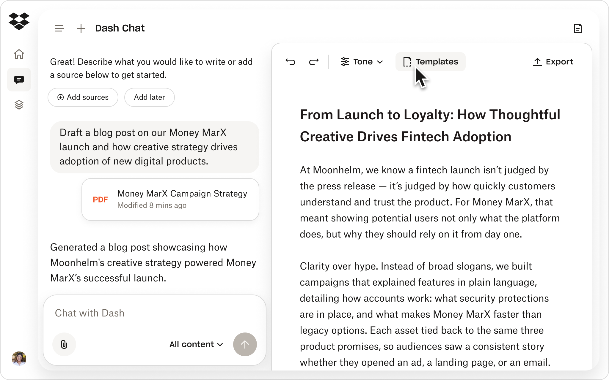 Dash write feature within Dropbox UI