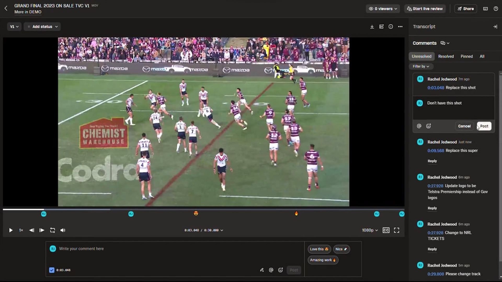 Antarmuka Dropbox Replay menampilkan siaran olahraga yang dijeda dari pertandingan rugbi dengan merek di layar.