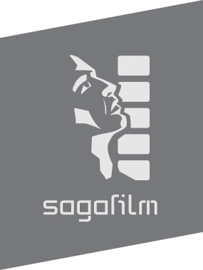 gray slanted square with outline of human face in white with sagafilm written in white below it.
