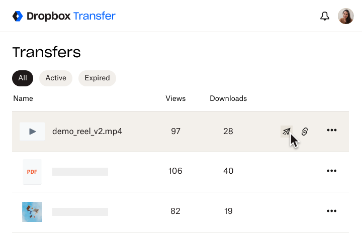 Lista wysłanych plików w Dropbox Transfer
