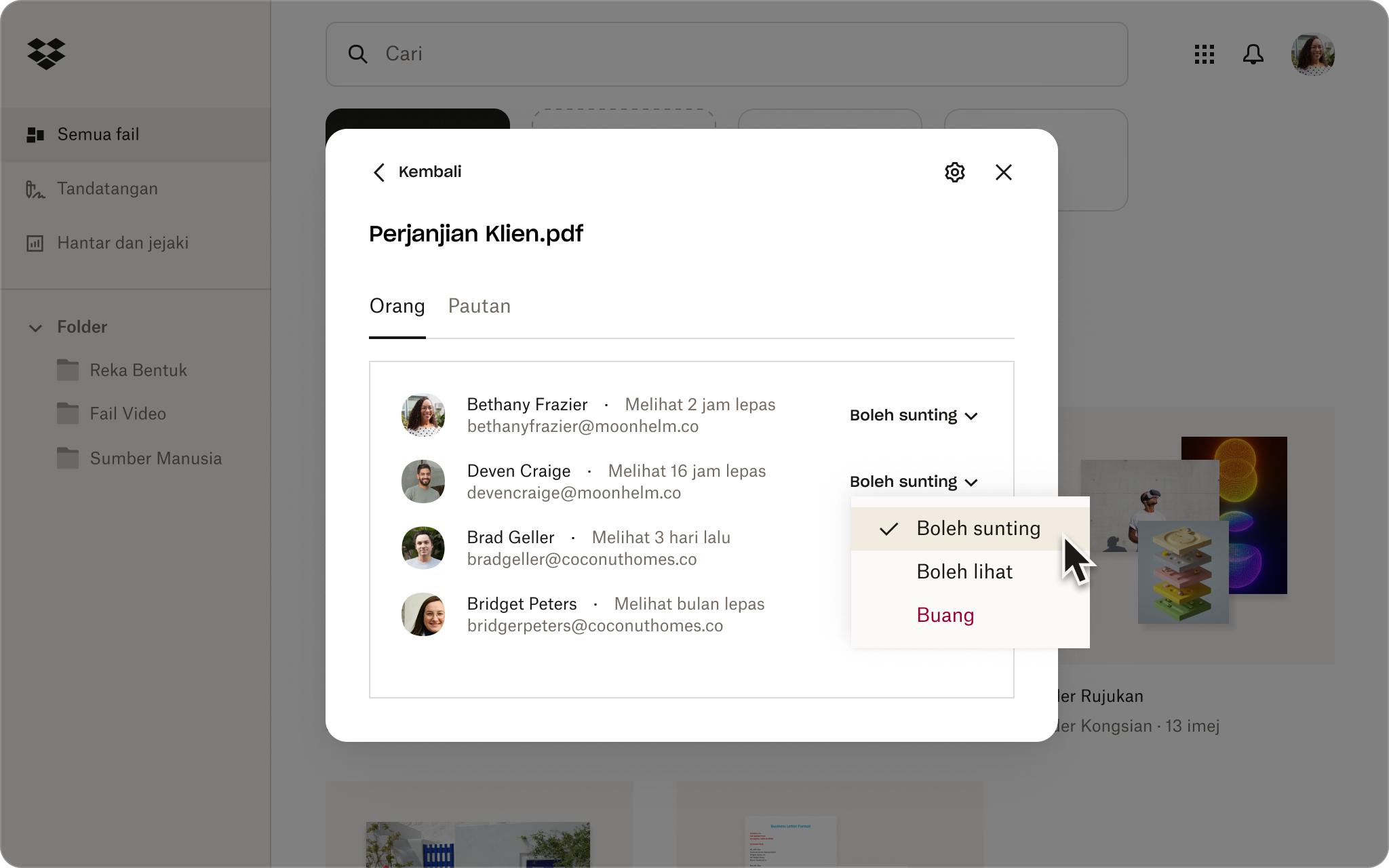 UI bagi keizinan berkongsi dalam Dropbox