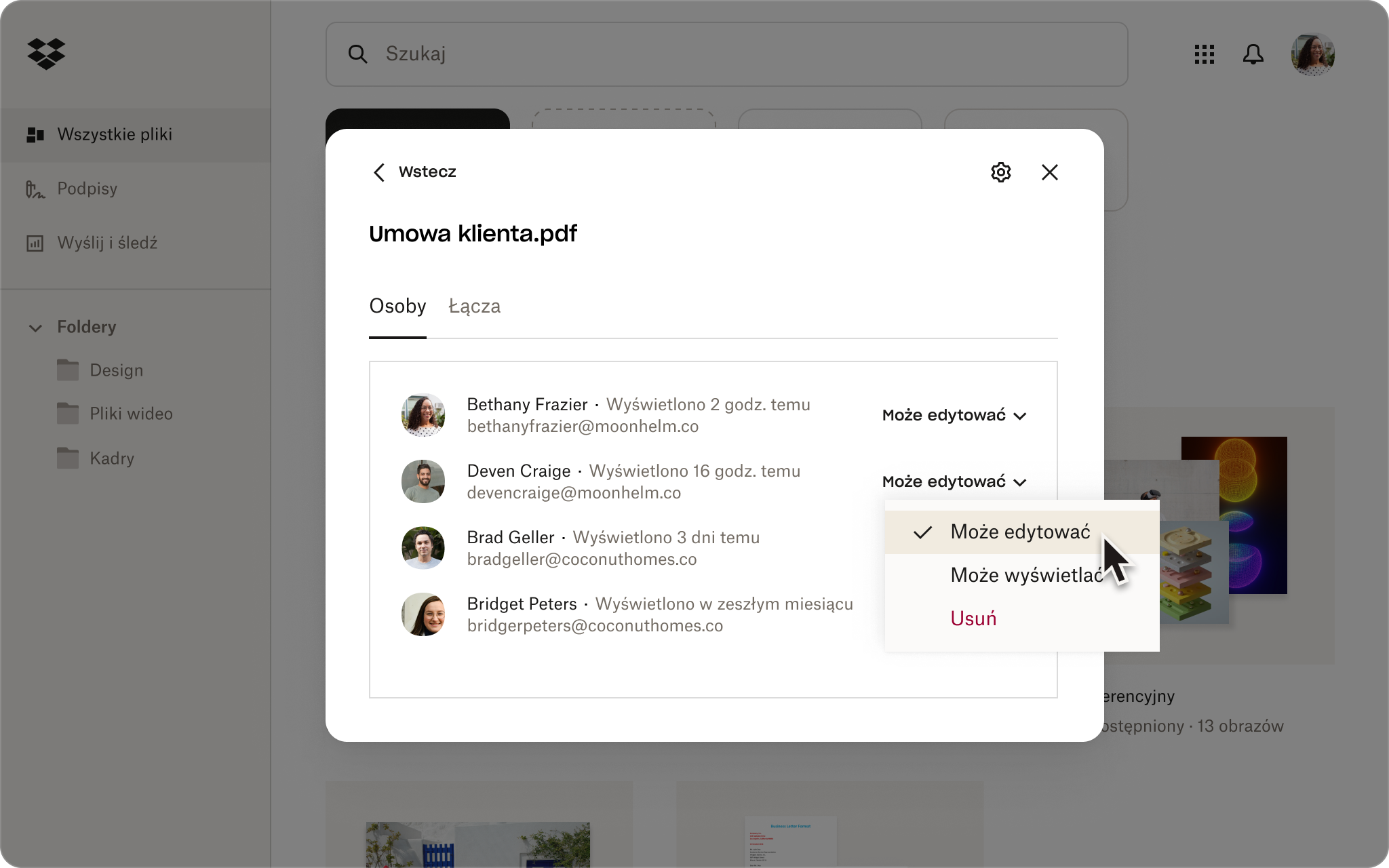 Interfejs użytkownika uprawnień udostępniania w Dropbox