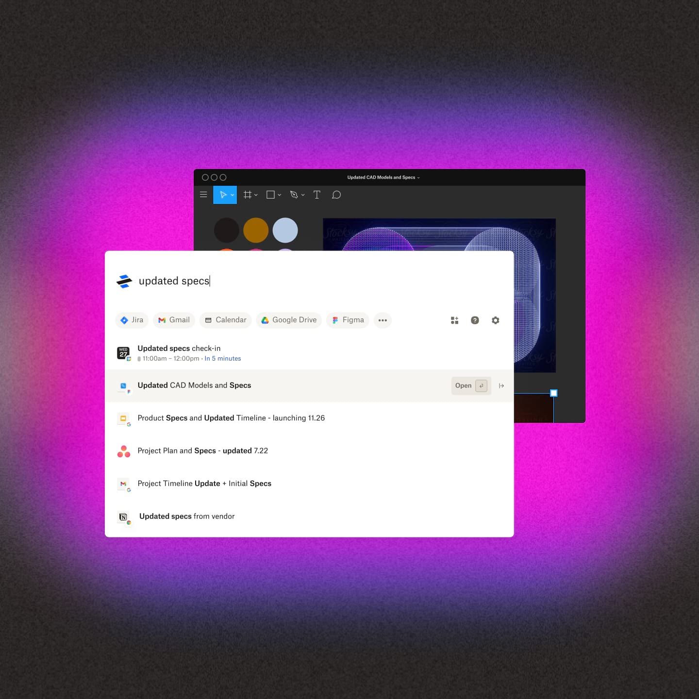 A Dropbox Dash user searches for updated specs with Dash showing results from Google Docs, Calendar, Gmail, and Notion.