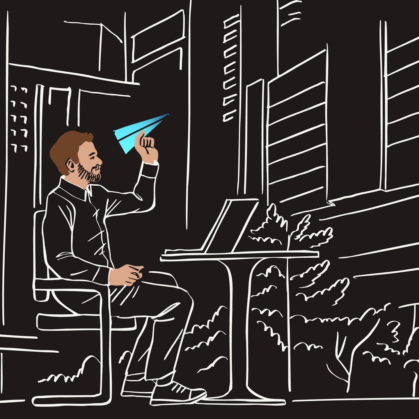 Illustration of man with light skin and brown hair sitting and throwing a paper airplane