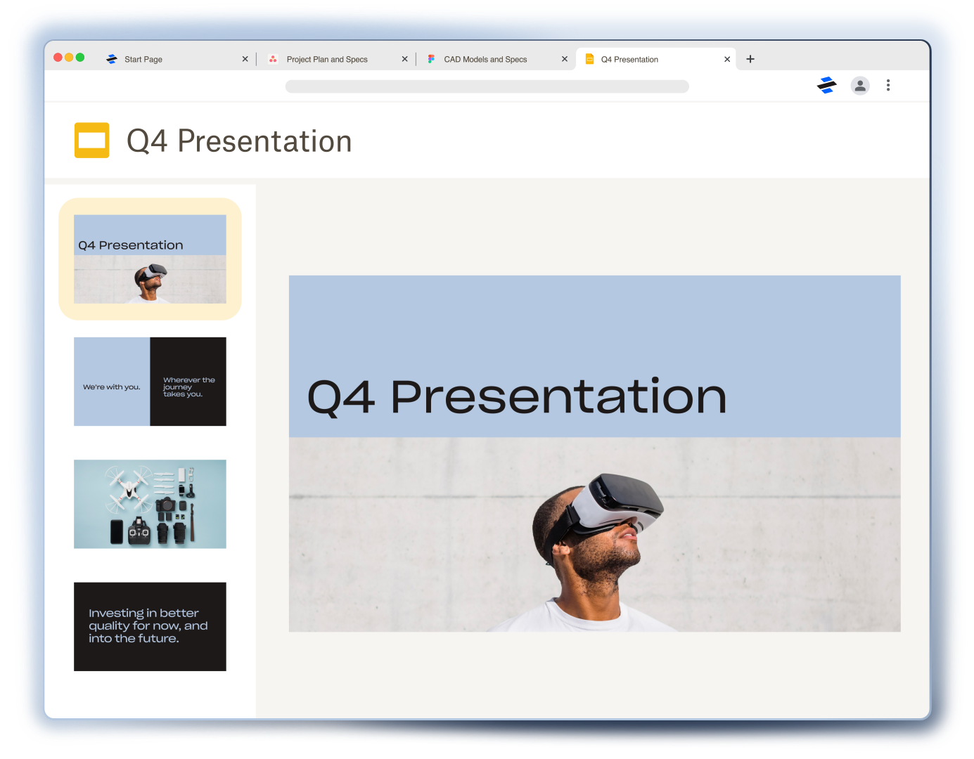 Image animation shows a user with an open presentation titled Q4, opening Dash and clicking “new stack,” labeling the stack Q4, and inputting the presentation into the stack and then into the user’s library.