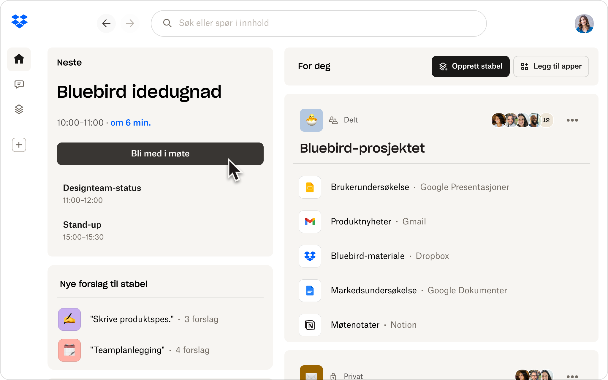 Beta-startskjerm på Dropbox Dash