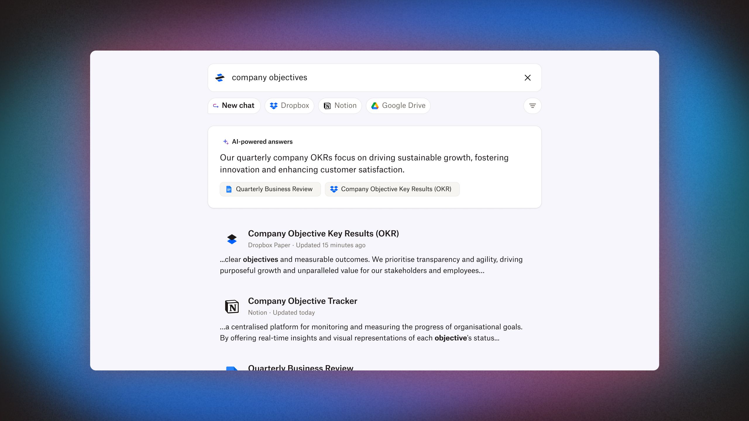 Image animation shows user typing ‘company objectives’ into the Dash search bar, viewing content with the featured keywords and then clicking on a Dropbox Paper file titled Company Objective Key Results (OKR).