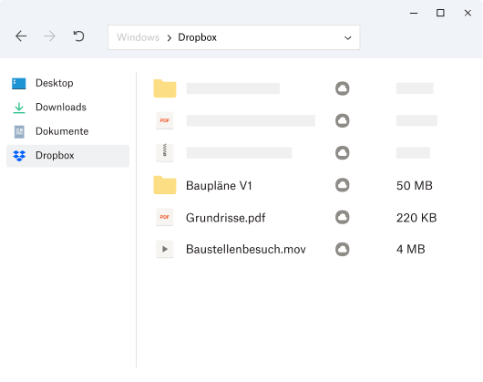 Abbildung des Dateisystems eines Nutzers mit ausgewähltem Dropbox-Ordner in der linken Seitenleiste unter dem Ordner „Dokumente“.