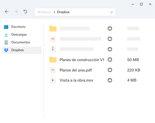 Imagen del sistema de archivos de un usuario, con la carpeta de Dropbox seleccionada en el panel de la izquierda debajo de la carpeta Documentos.