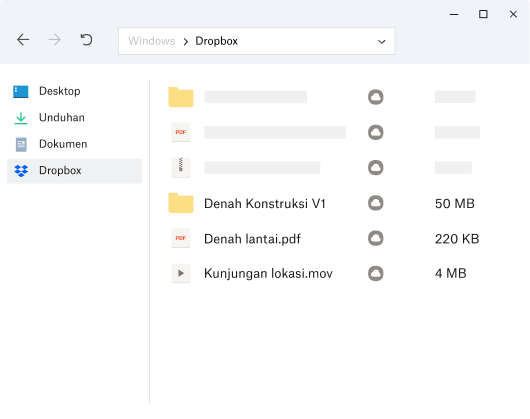 Gambar sistem file pengguna, dengan folder Dropbox dipilih di panel sebelah kiri di bawah folder Dokumen.
