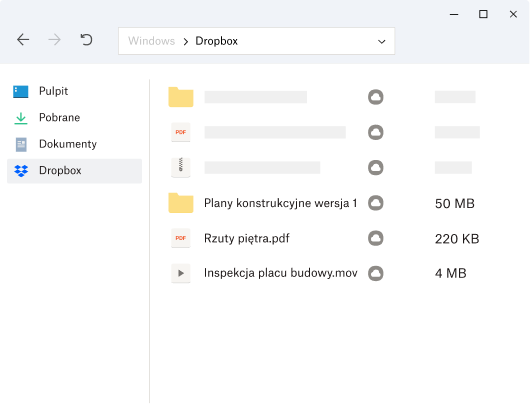 Ilustracja przedstawiająca system plików użytkownika z folderem Dropbox wybranym w lewym panelu poniżej folderu Dokumenty.