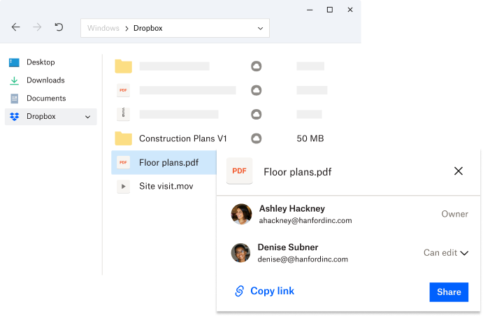 A user’s Dropbox folder shown on their mobile phone, their desktop and on the web. There are arrows between each of them indicating that the surfaces sync together.